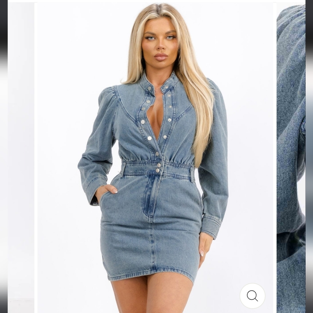 LONG SLEEVES BUTTON UP FRONT POCKETS DENIM MINI DRESS